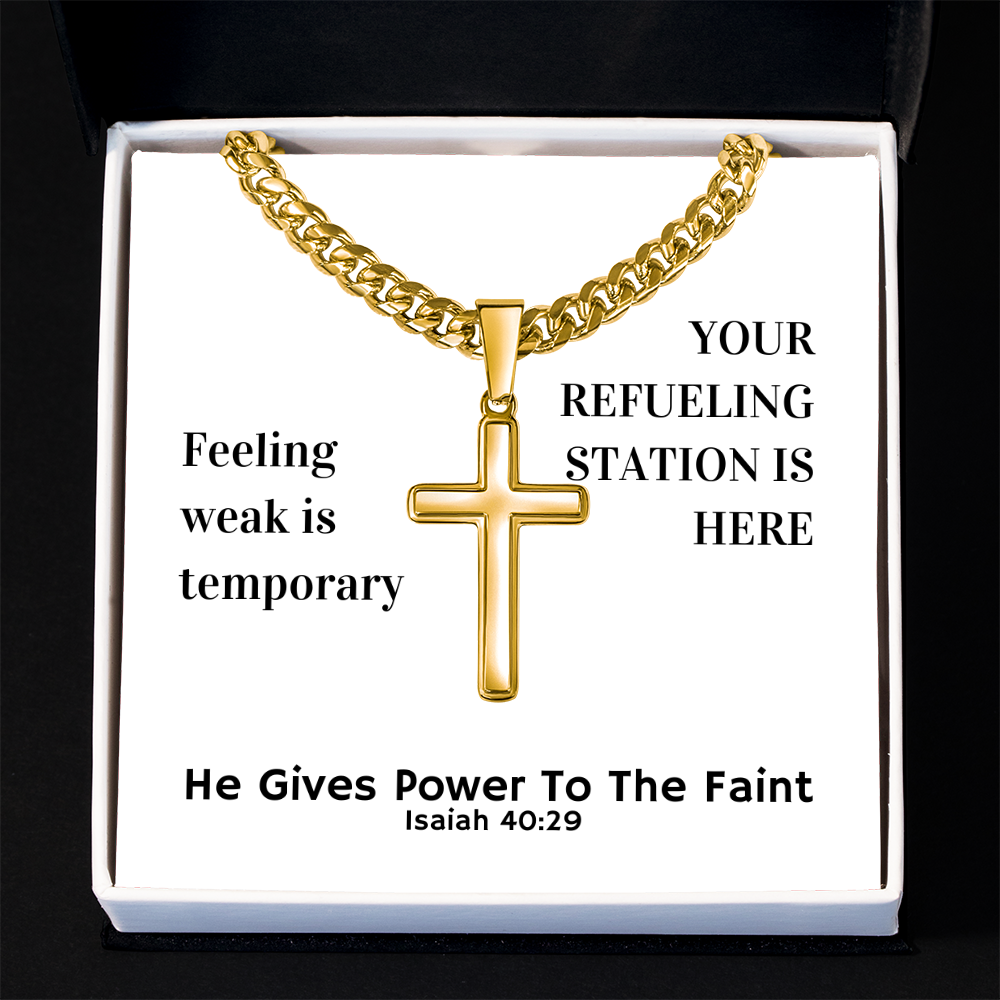 He Gives Power To The Faint (Isaiah 40:29) | Premium Sterling Silver Cuban Link Cross Necklace