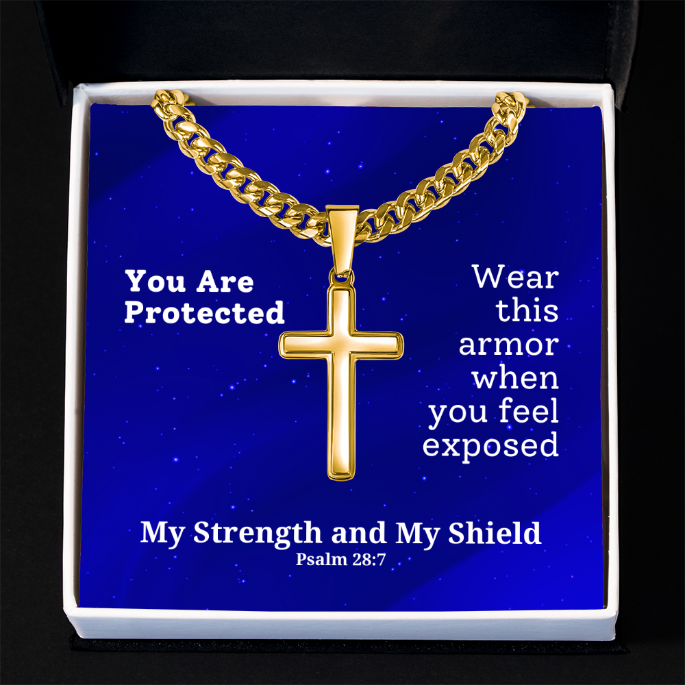 My Strength and My Shield (Psalm 28:7) | Premium Sterling Silver Cuban Link Cross Necklace