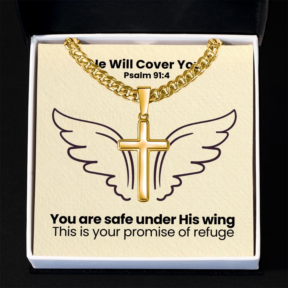 He Will Cover You (Psalm 91:4) | Premium Sterling Silver Cuban Link Cross Necklace