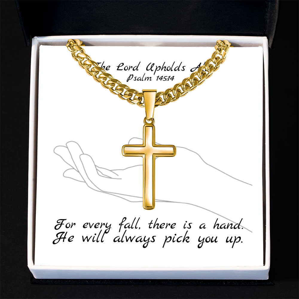The Lord Upholds All (Psalm 145:14) | Premium Sterling Silver Cuban Link Cross Necklace