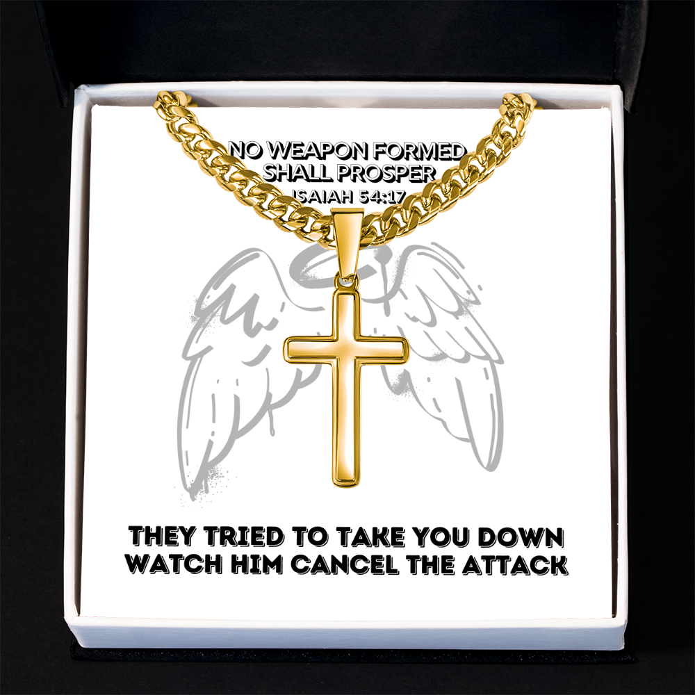 No Weapon Formed Shall Prosper (Isaiah 54:17) | Premium Sterling Silver Cuban Link Cross Necklace
