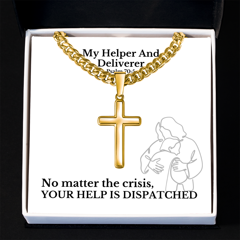 My Helper And Deliverer (Psalm 70:5) | Premium Sterling Silver Cuban Link Cross Necklace