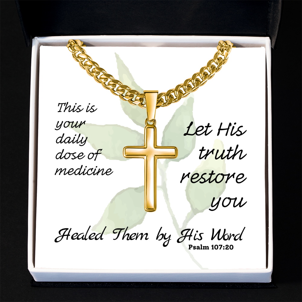 Healed Them By His Words (Psalm 107:20) | Premium Sterling Silver Cuban Link Cross Necklace