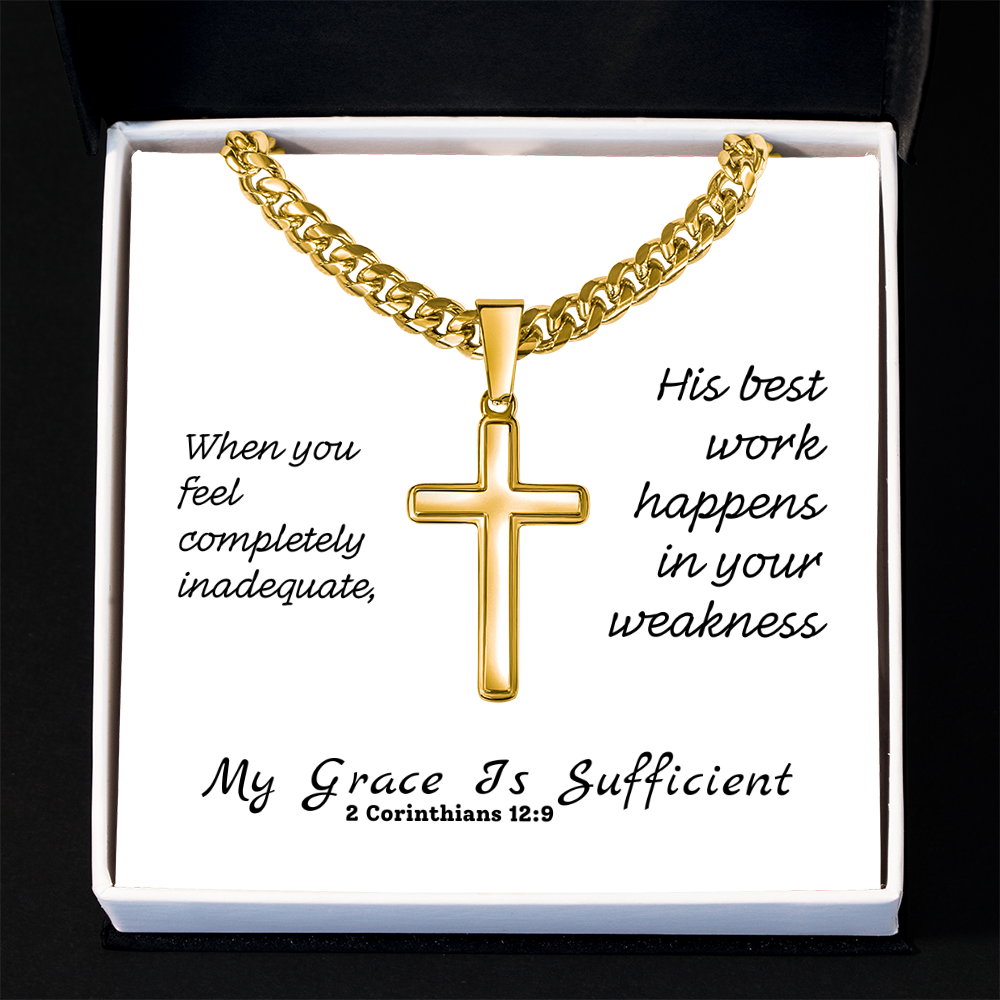 My Grace Is Sufficient (2 Corinthians 12:9) | Premium Sterling Silver Cuban Link Cross Necklace