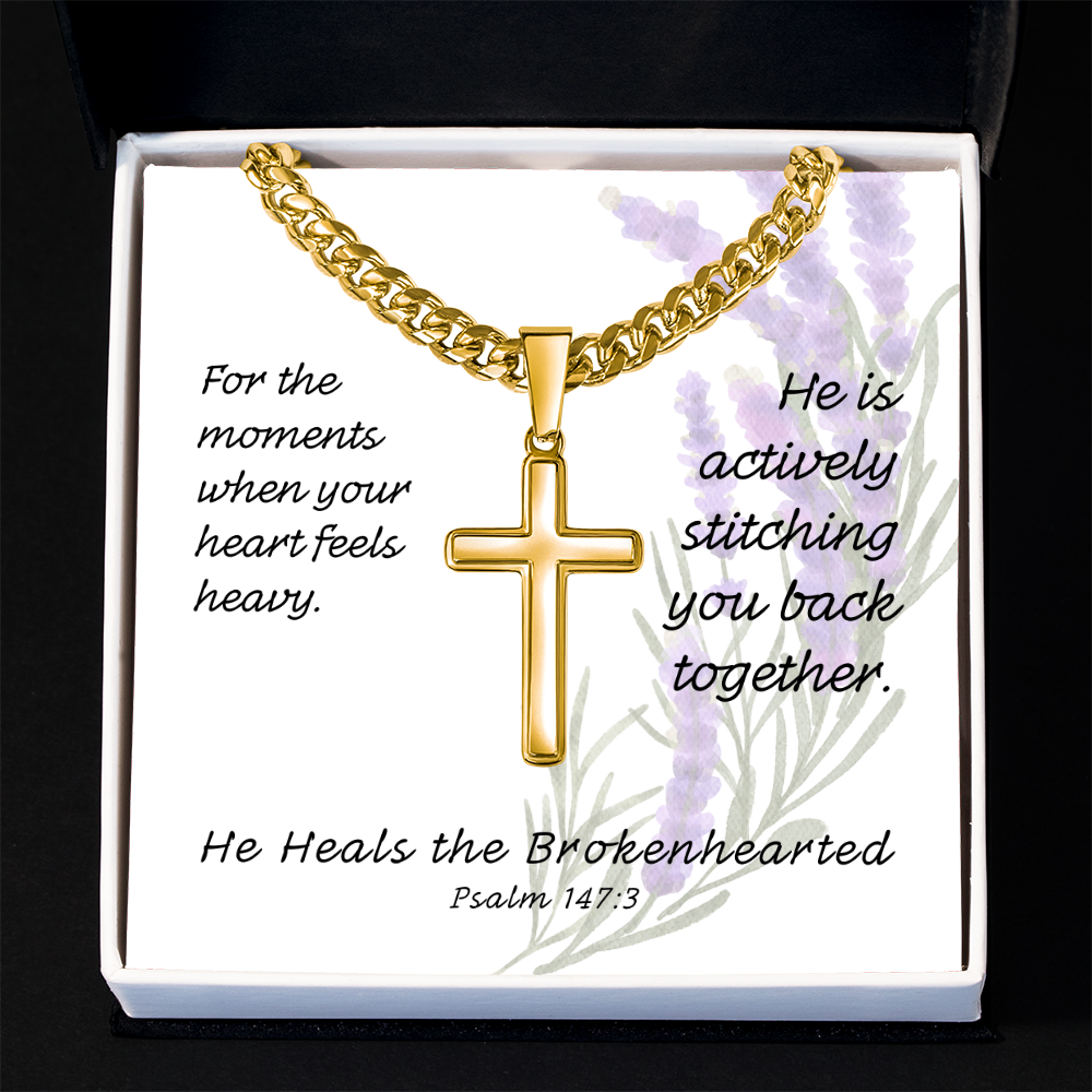 He Heals The Brokenhearted (Psalm 147:3) | Premium Sterling Silver Cuban Link Cross Necklace