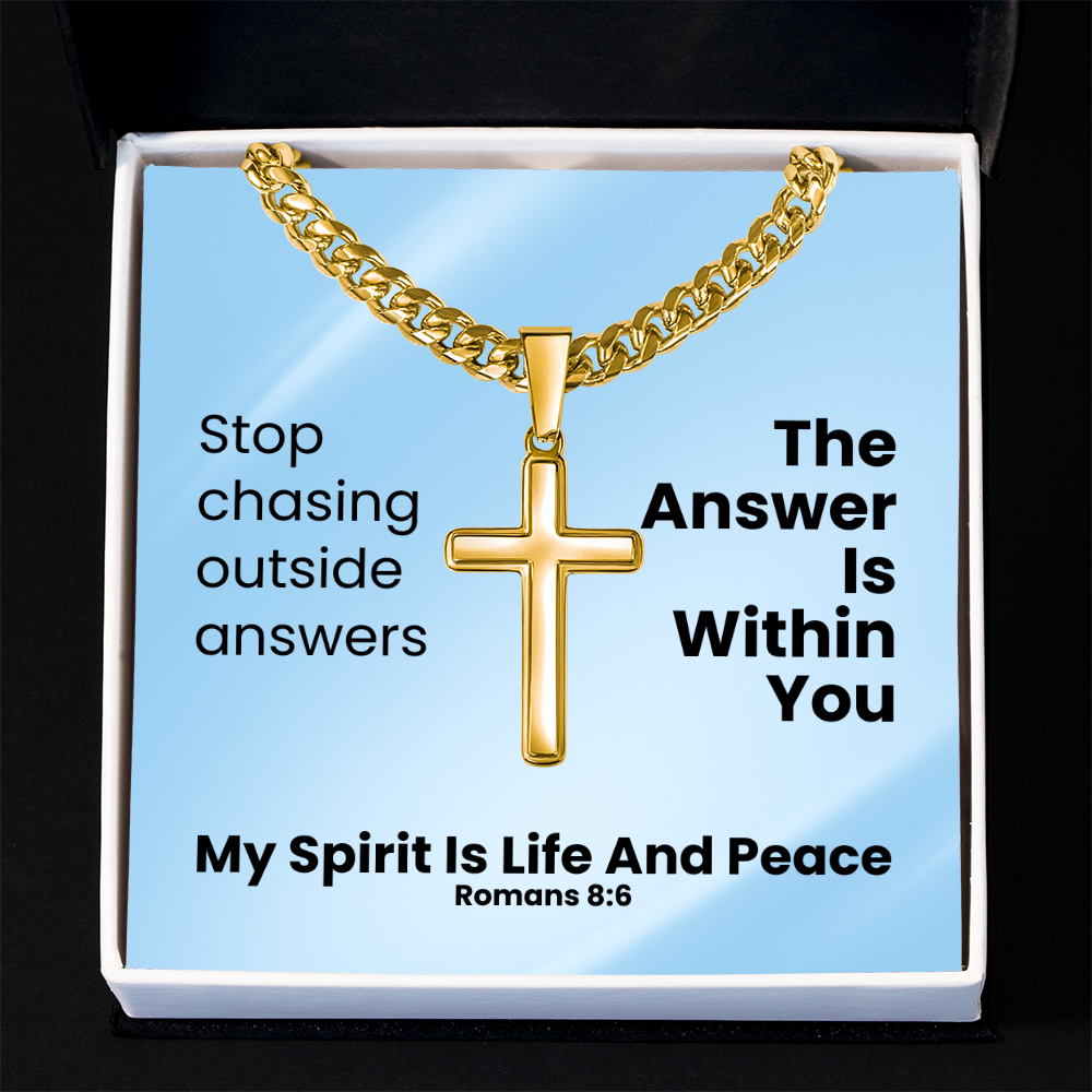 My Spirit Is Life And Peace (Romans 8:6) | Premium Sterling Silver Cuban Link Cross Necklace
