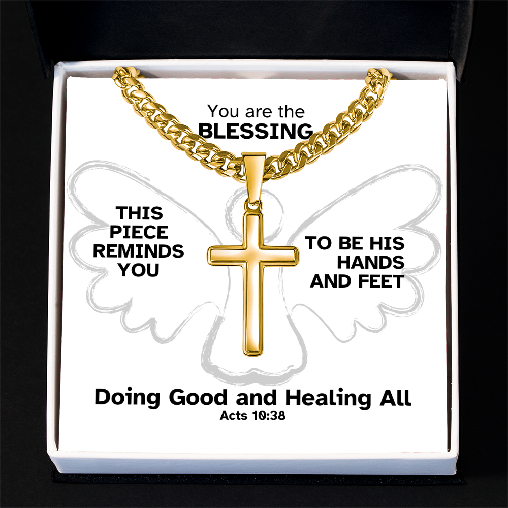 Doing Good And Healing All (Acts 10:38) | Premium Sterling Silver Cuban Link Cross Necklace