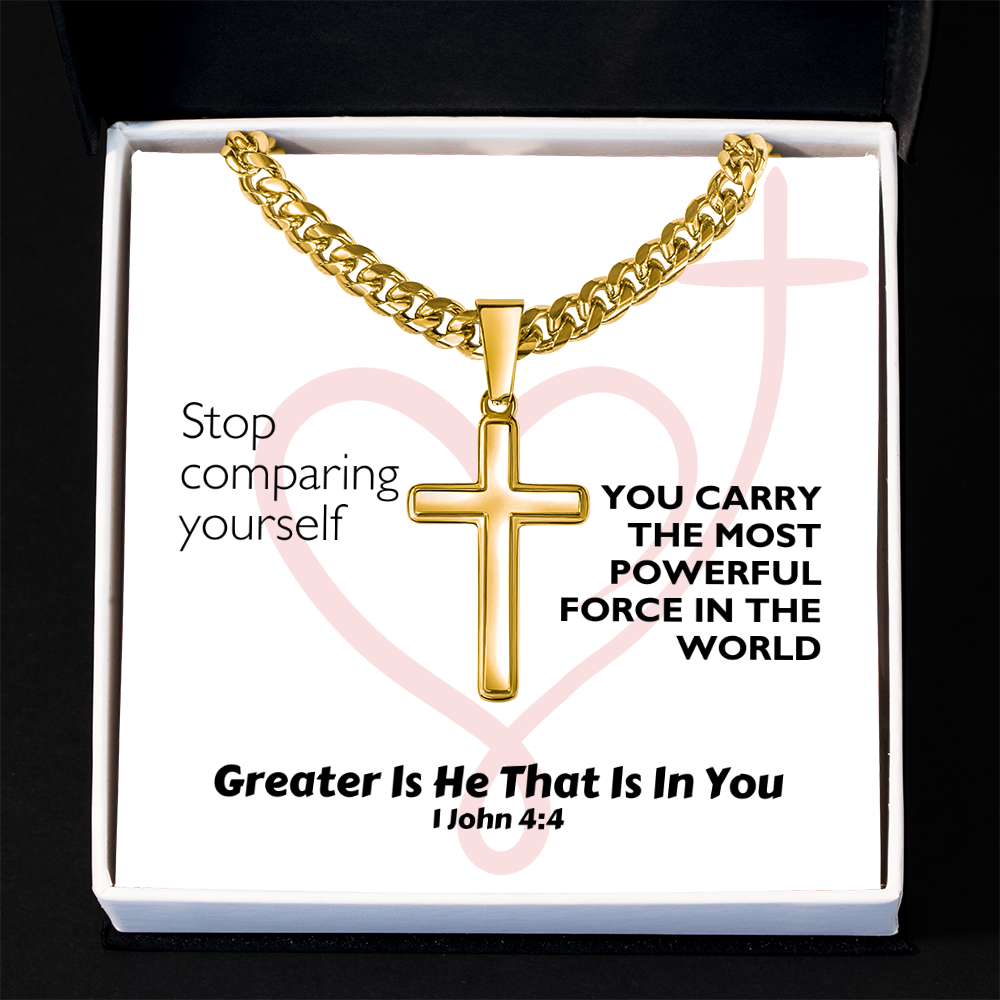 Greater Is He That Is In You (1 John 4:4) | Premium Sterling Silver Cuban Link Cross Necklace
