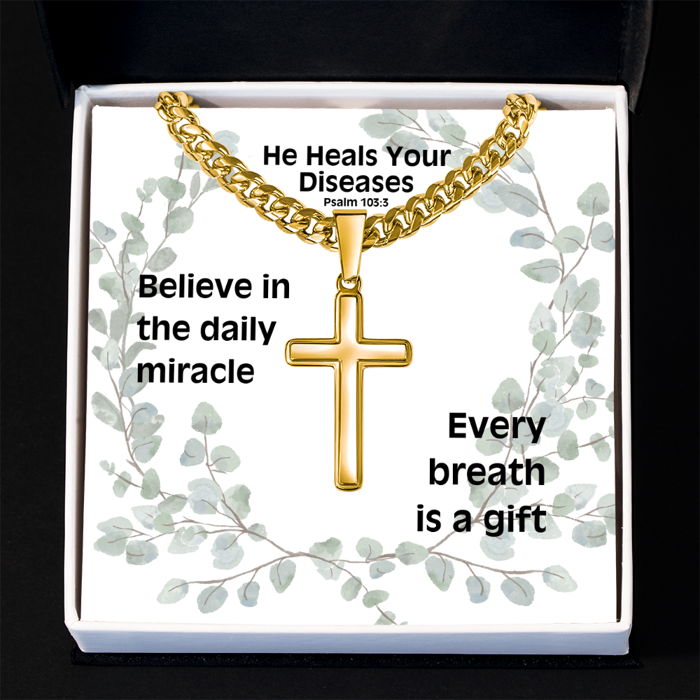 He Heals Your Diseases (Psalm 103:3) | Premium Sterling Silver Cuban Link Cross Necklace