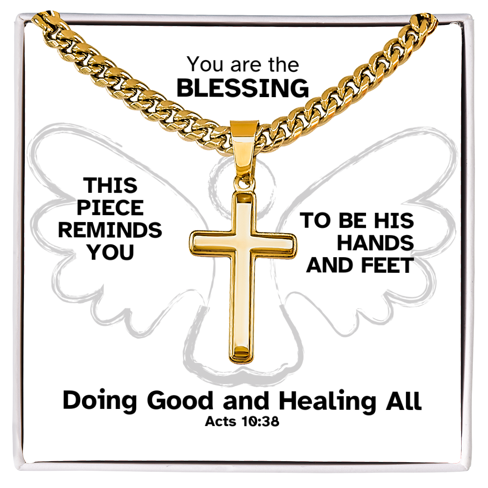 Doing Good And Healing All (Acts 10:38) | Premium Sterling Silver Cuban Link Cross Necklace