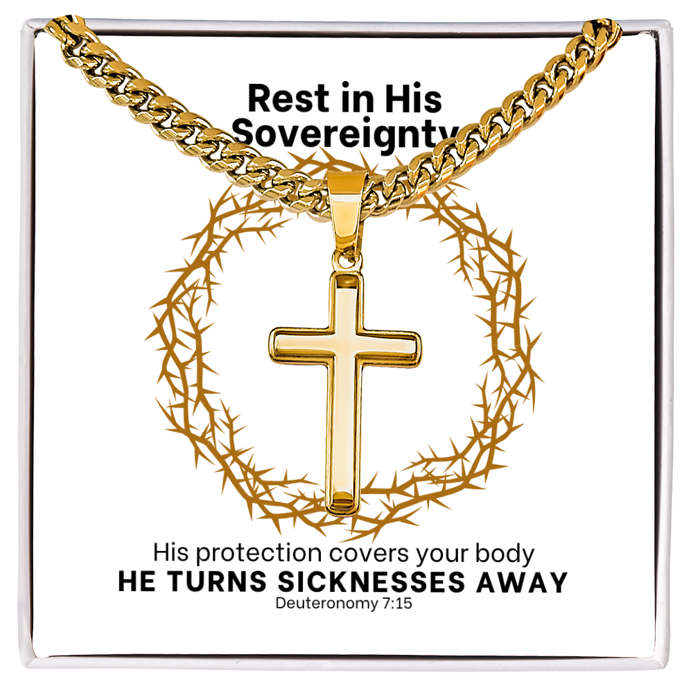 He Turns Sicknesses Away (Deuteronomy 7:15) | Premium Sterling Silver Cuban Link Cross Necklace