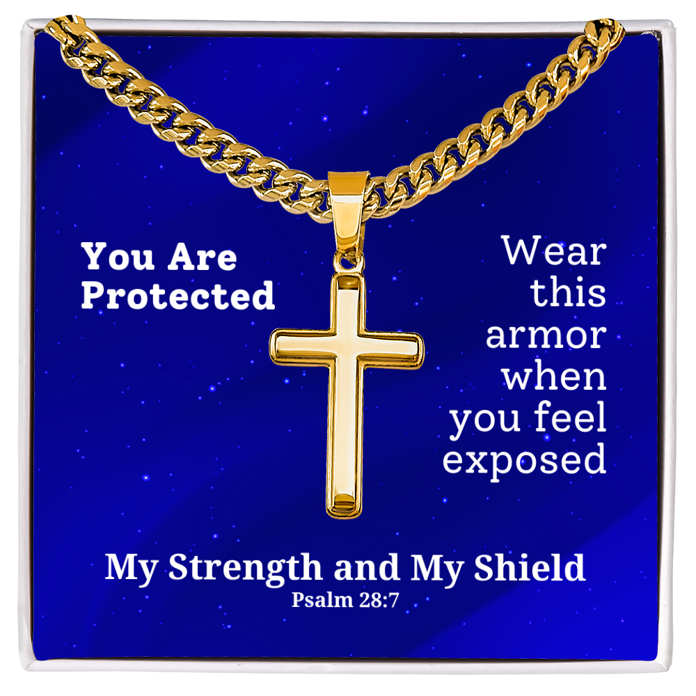 My Strength and My Shield (Psalm 28:7) | Premium Sterling Silver Cuban Link Cross Necklace