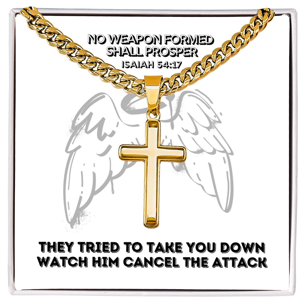 No Weapon Formed Shall Prosper (Isaiah 54:17) | Premium Sterling Silver Cuban Link Cross Necklace