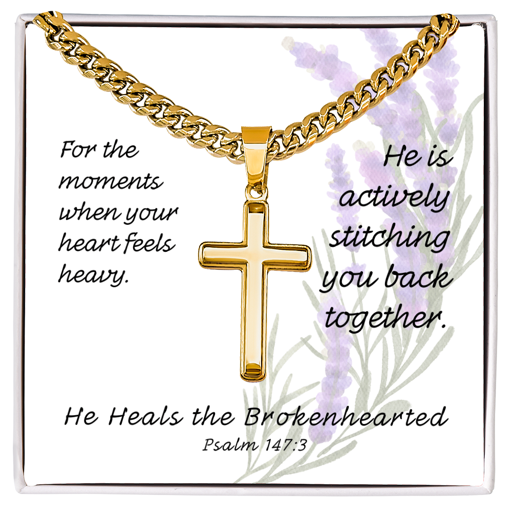 He Heals The Brokenhearted (Psalm 147:3) | Premium Sterling Silver Cuban Link Cross Necklace