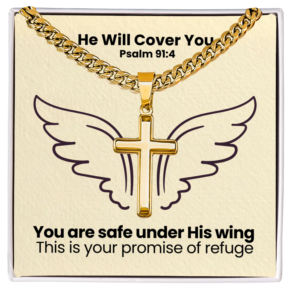 He Will Cover You (Psalm 91:4) | Premium Sterling Silver Cuban Link Cross Necklace