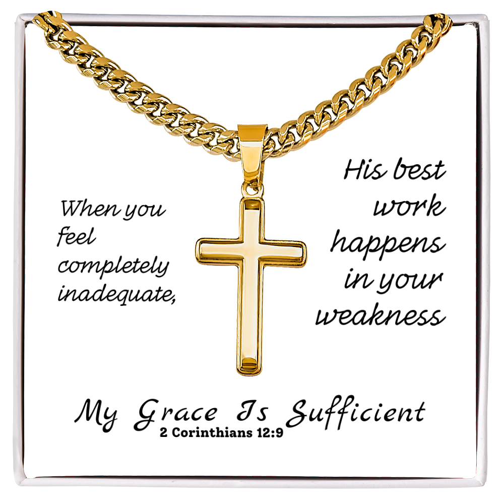 My Grace Is Sufficient (2 Corinthians 12:9) | Premium Sterling Silver Cuban Link Cross Necklace