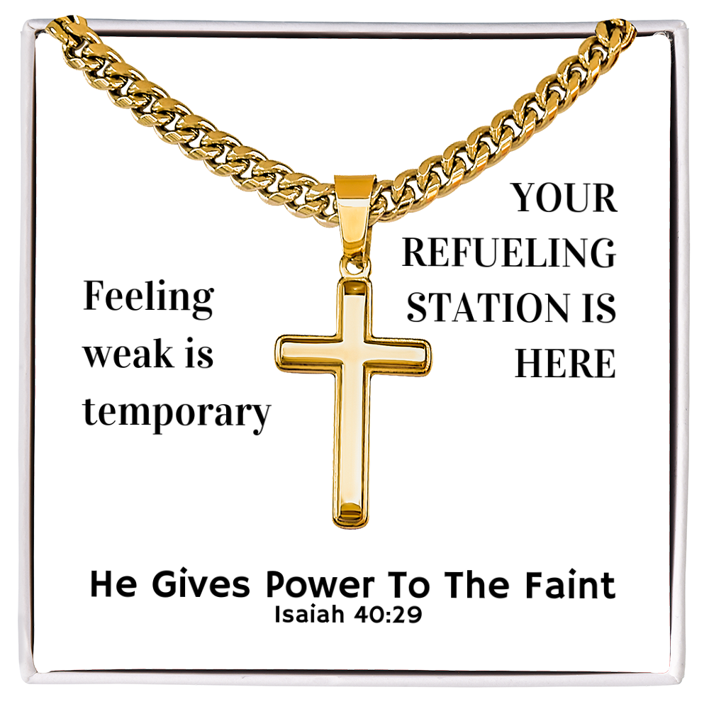 He Gives Power To The Faint (Isaiah 40:29) | Premium Sterling Silver Cuban Link Cross Necklace