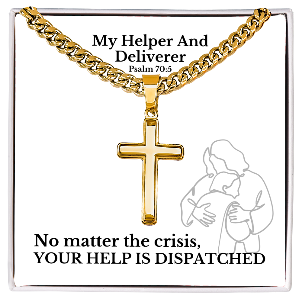 My Helper And Deliverer (Psalm 70:5) | Premium Sterling Silver Cuban Link Cross Necklace