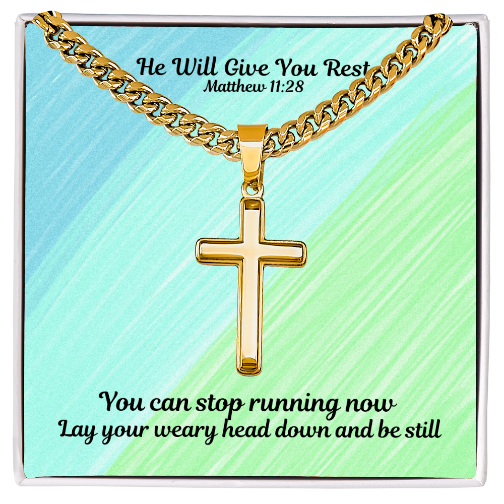 He Will Give You Rest (Matthew 11:28) | Premium Sterling Silver Cuban Link Cross Necklace