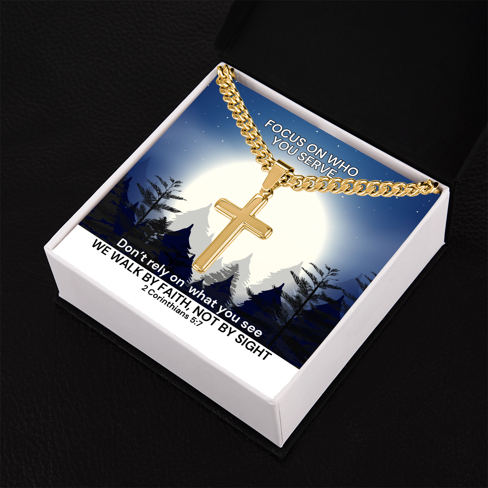 We Walk By Faith, Not By Sight (2 Corinthians 5:7) | Premium Sterling Silver Cuban Link Cross Necklace