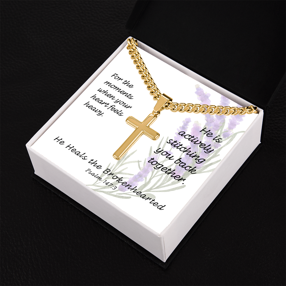 He Heals The Brokenhearted (Psalm 147:3) | Premium Sterling Silver Cuban Link Cross Necklace