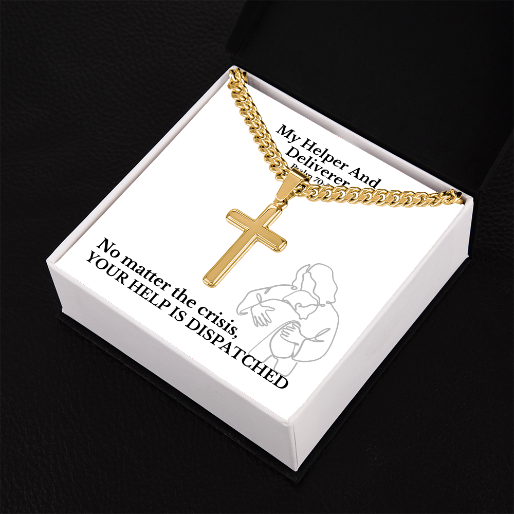 My Helper And Deliverer (Psalm 70:5) | Premium Sterling Silver Cuban Link Cross Necklace