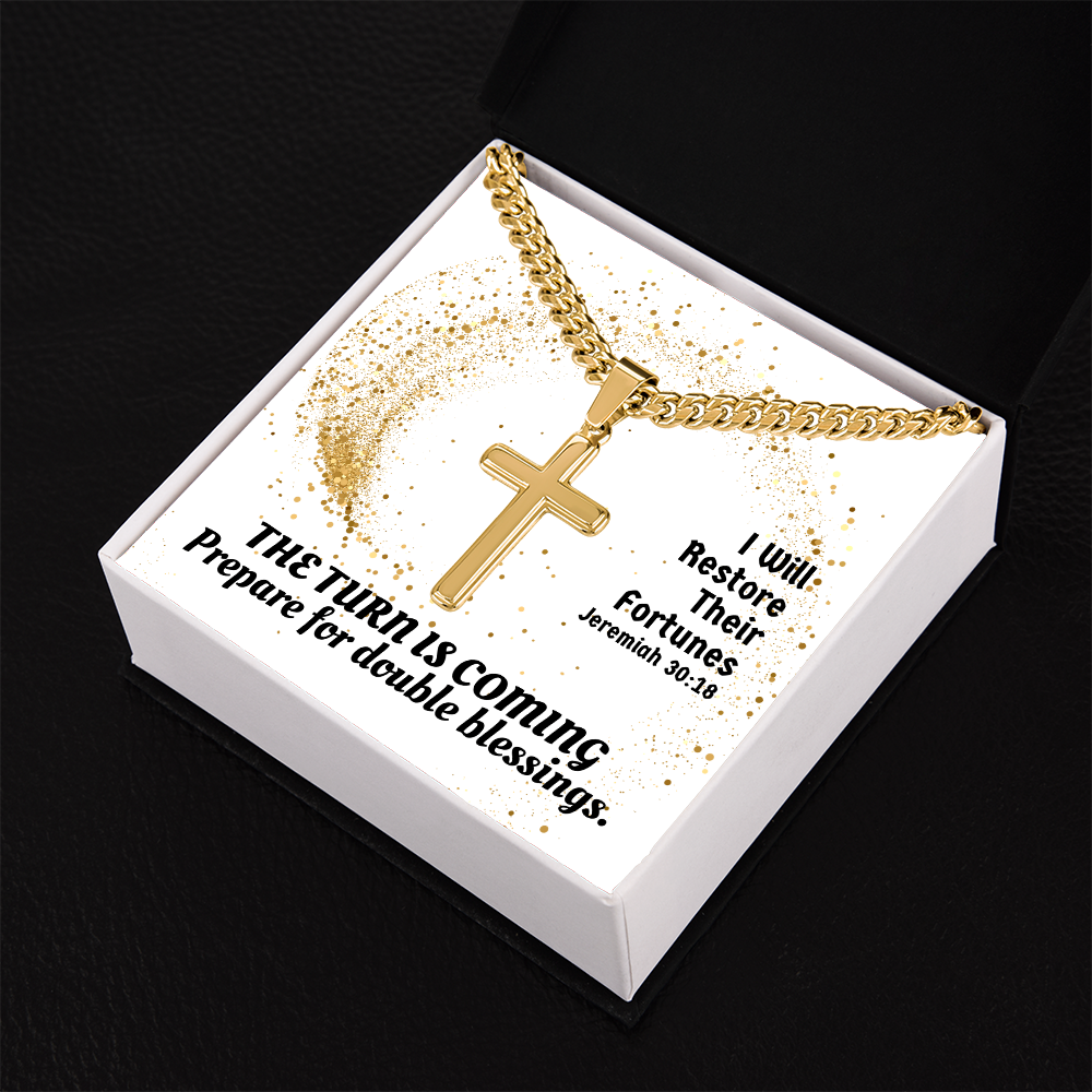 I Will Restore Their Fortunes (Jeremiah 30:18) | Premium Sterling Silver Cuban Link Cross Necklace