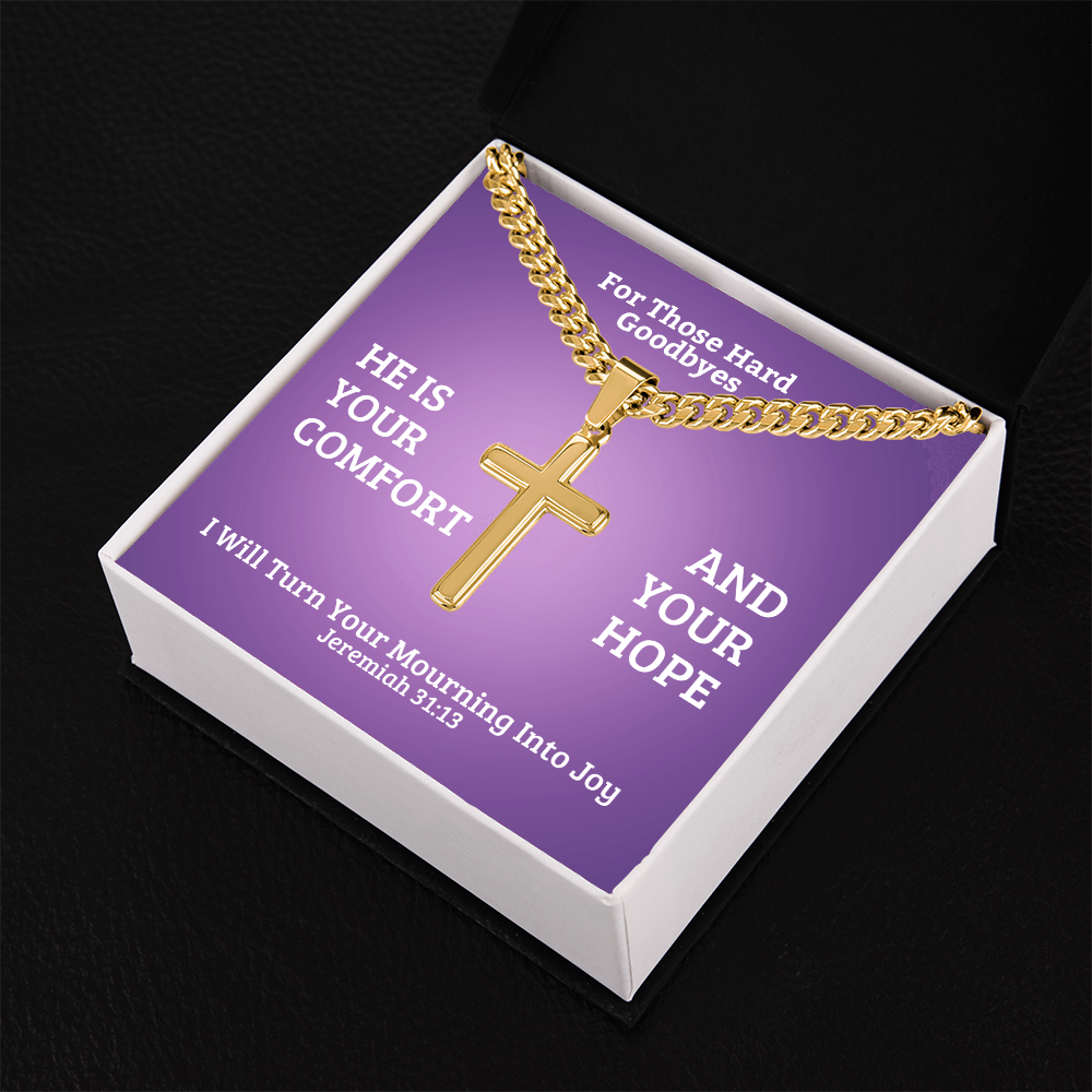 I Will Turn Your Mourning Into Joy (Jeremiah 31:13) | Premium Sterling Silver Cuban Link Cross Necklace
