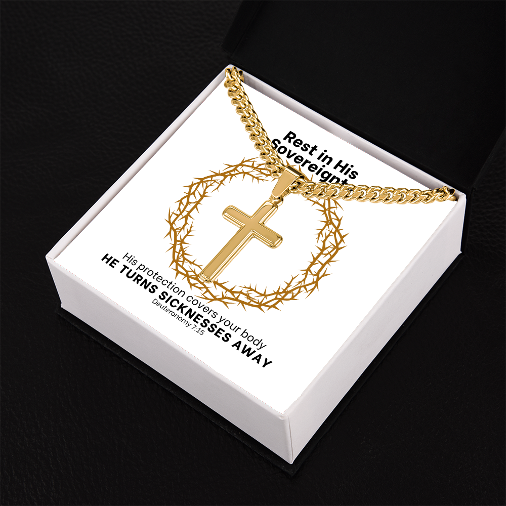 He Turns Sicknesses Away (Deuteronomy 7:15) | Premium Sterling Silver Cuban Link Cross Necklace