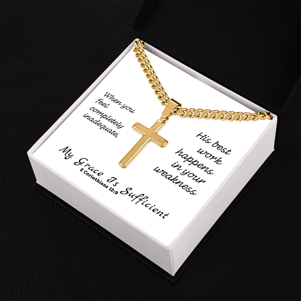 My Grace Is Sufficient (2 Corinthians 12:9) | Premium Sterling Silver Cuban Link Cross Necklace