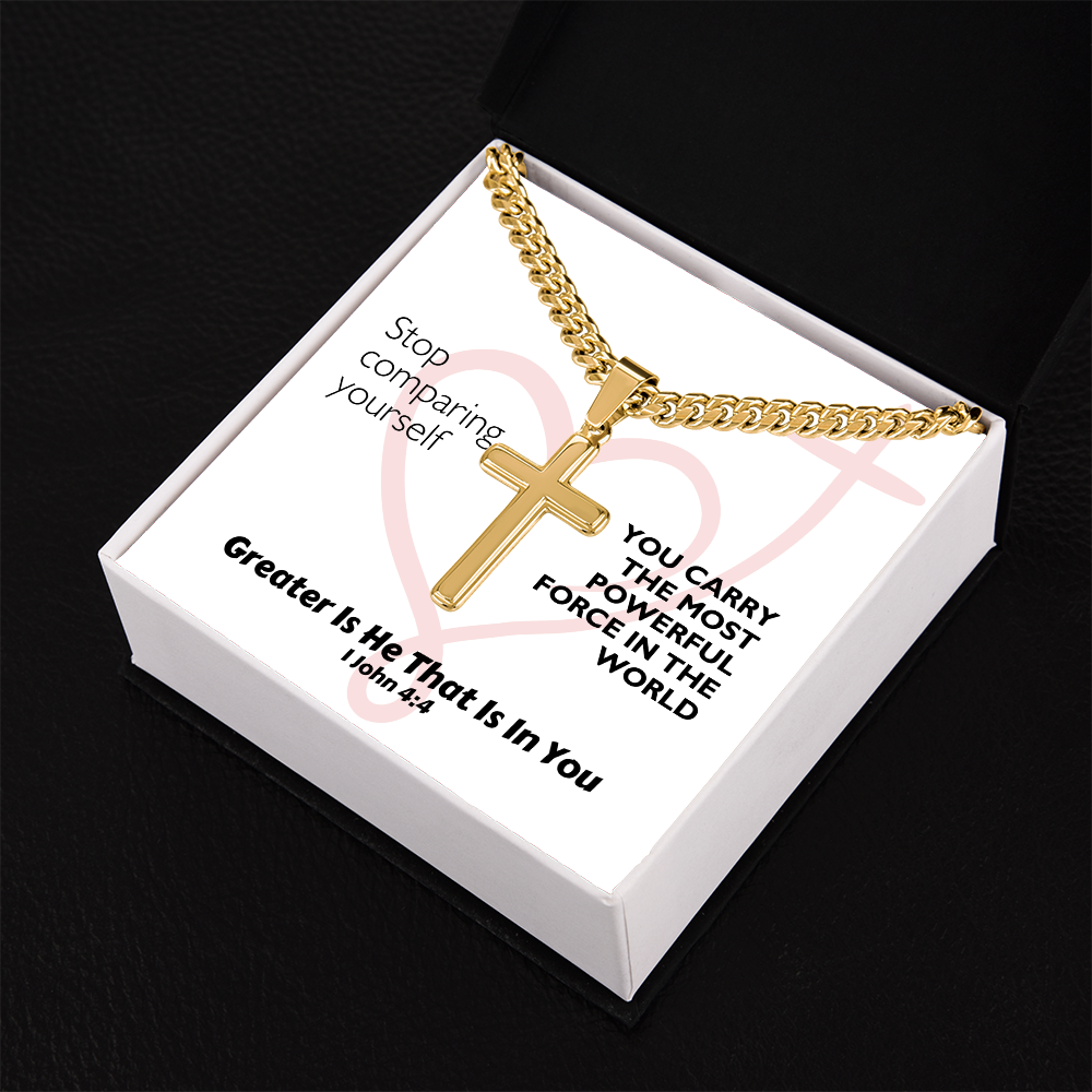 Greater Is He That Is In You (1 John 4:4) | Premium Sterling Silver Cuban Link Cross Necklace