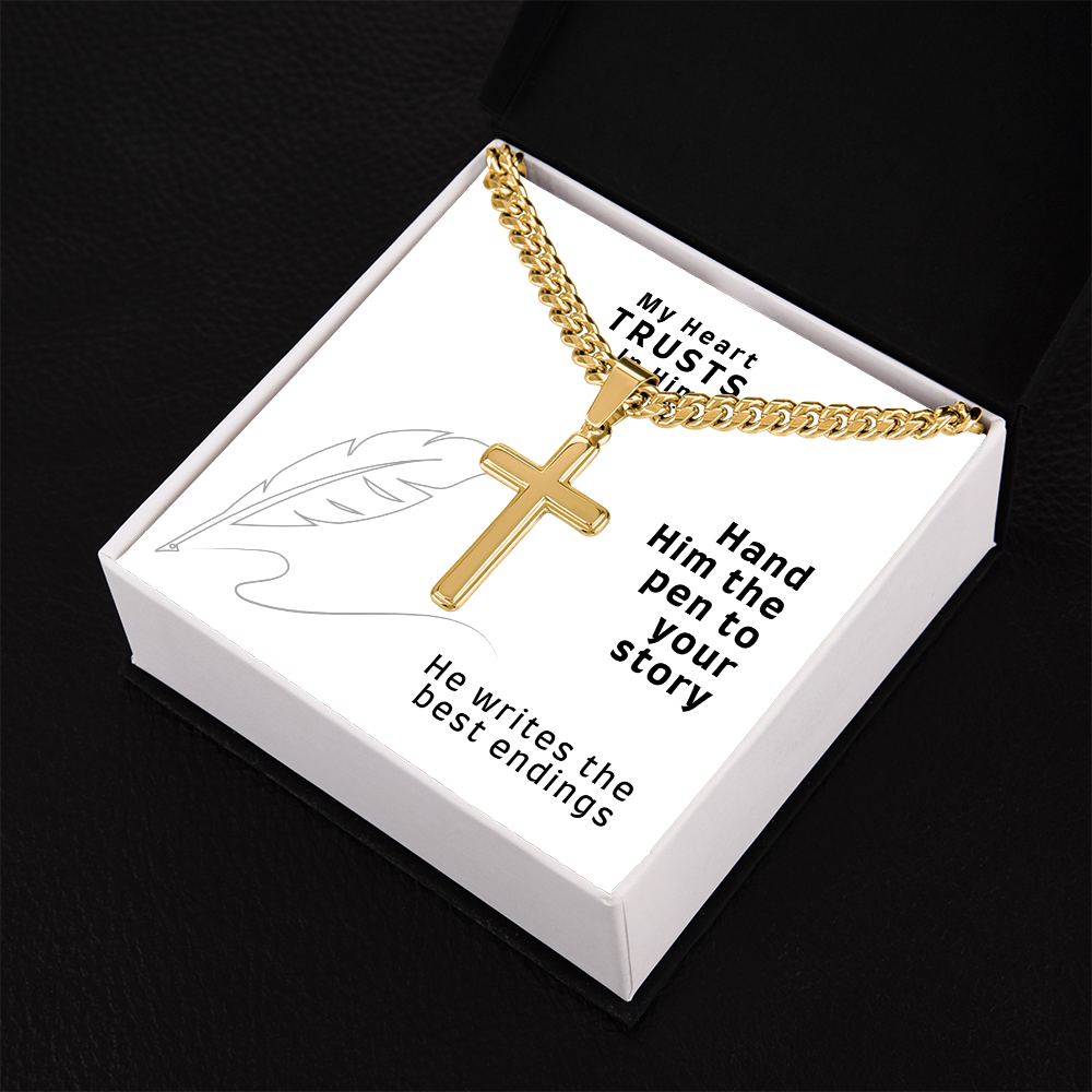 My Heart Trusts In Him (Psalm 28:7) | Premium Sterling Silver Cuban Link Cross Necklace