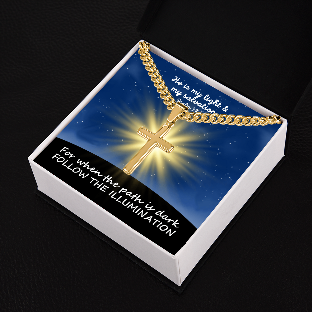 He Is My Light & My Salvation (Psalm 27:1) | Premium Sterling Silver Cuban Link Cross Necklace