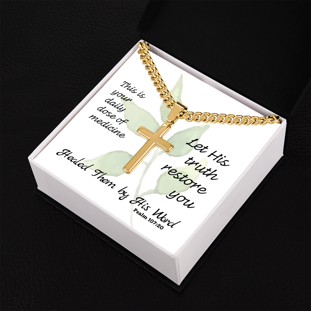 Healed Them By His Words (Psalm 107:20) | Premium Sterling Silver Cuban Link Cross Necklace