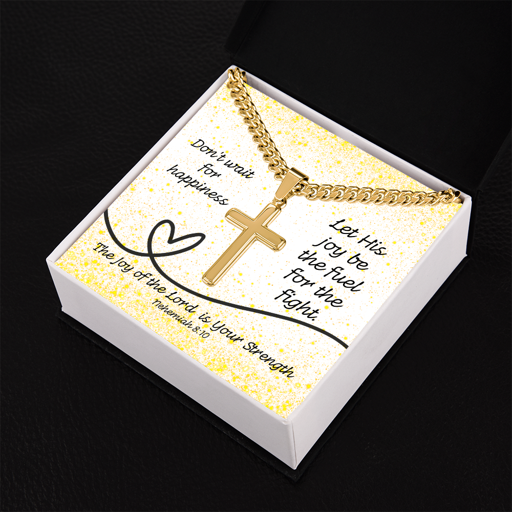 The Joy of the Lord Is Your Strength (Nehemiah 8:10) | Premium Sterling Silver Cuban Link Cross Necklace