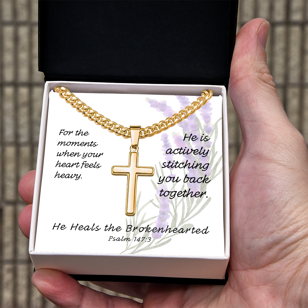 He Heals The Brokenhearted (Psalm 147:3) | Premium Sterling Silver Cuban Link Cross Necklace