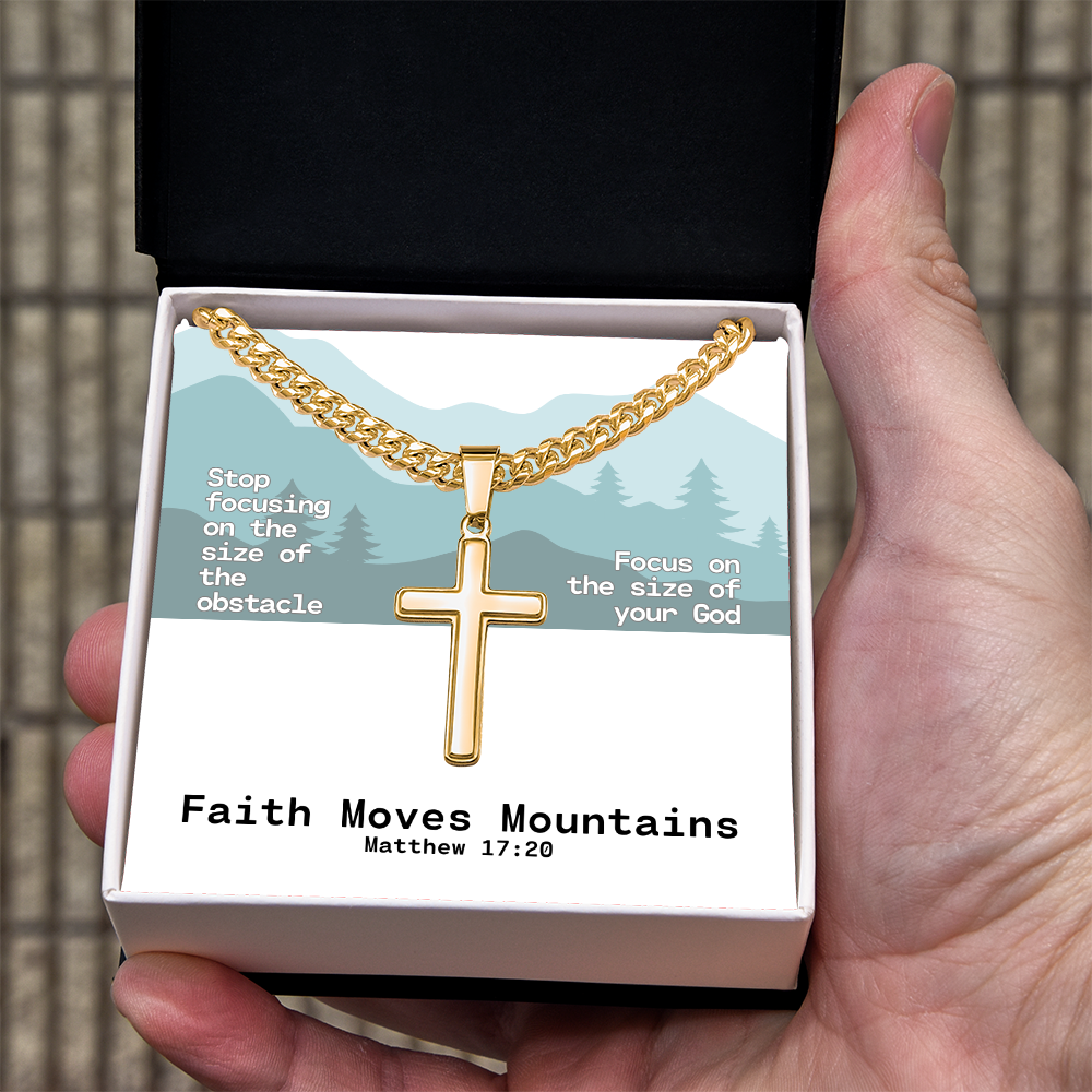 Faith Moves Mountains (Matthew 17:20) | Premium Sterling Silver Cuban Link Cross Necklace