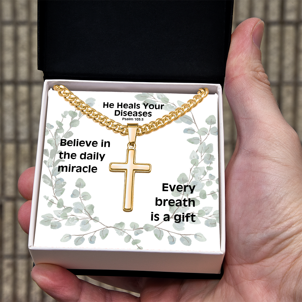 He Heals Your Diseases (Psalm 103:3) | Premium Sterling Silver Cuban Link Cross Necklace