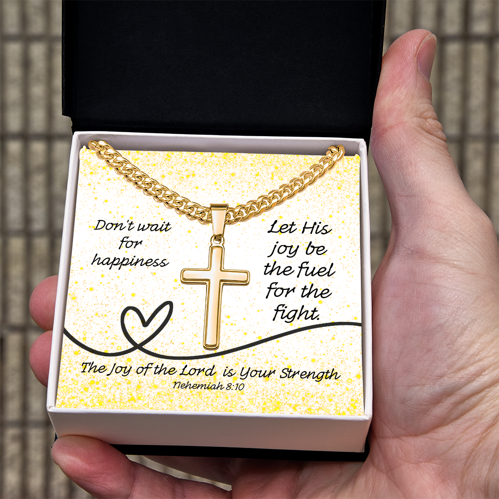 The Joy of the Lord Is Your Strength (Nehemiah 8:10) | Premium Sterling Silver Cuban Link Cross Necklace
