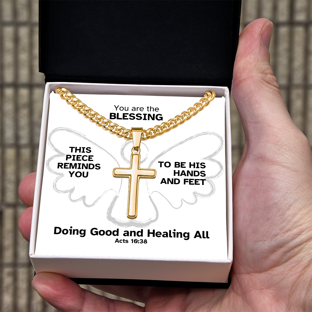 Doing Good And Healing All (Acts 10:38) | Premium Sterling Silver Cuban Link Cross Necklace