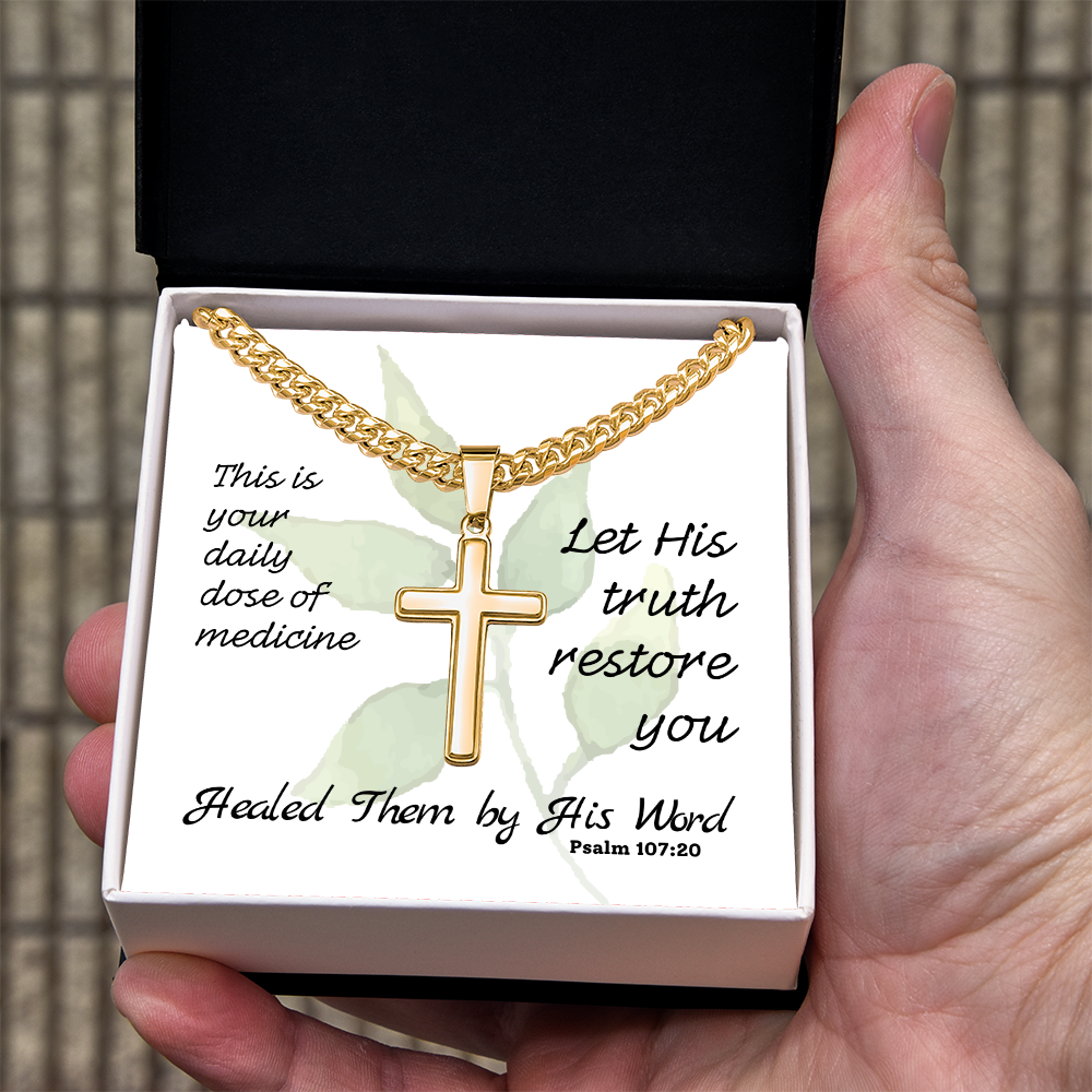 Healed Them By His Words (Psalm 107:20) | Premium Sterling Silver Cuban Link Cross Necklace