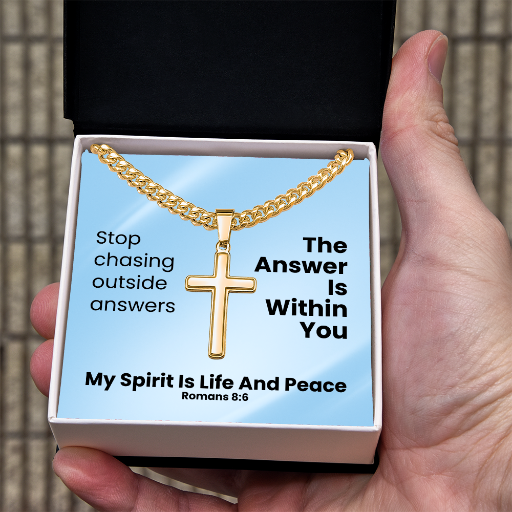 My Spirit Is Life And Peace (Romans 8:6) | Premium Sterling Silver Cuban Link Cross Necklace