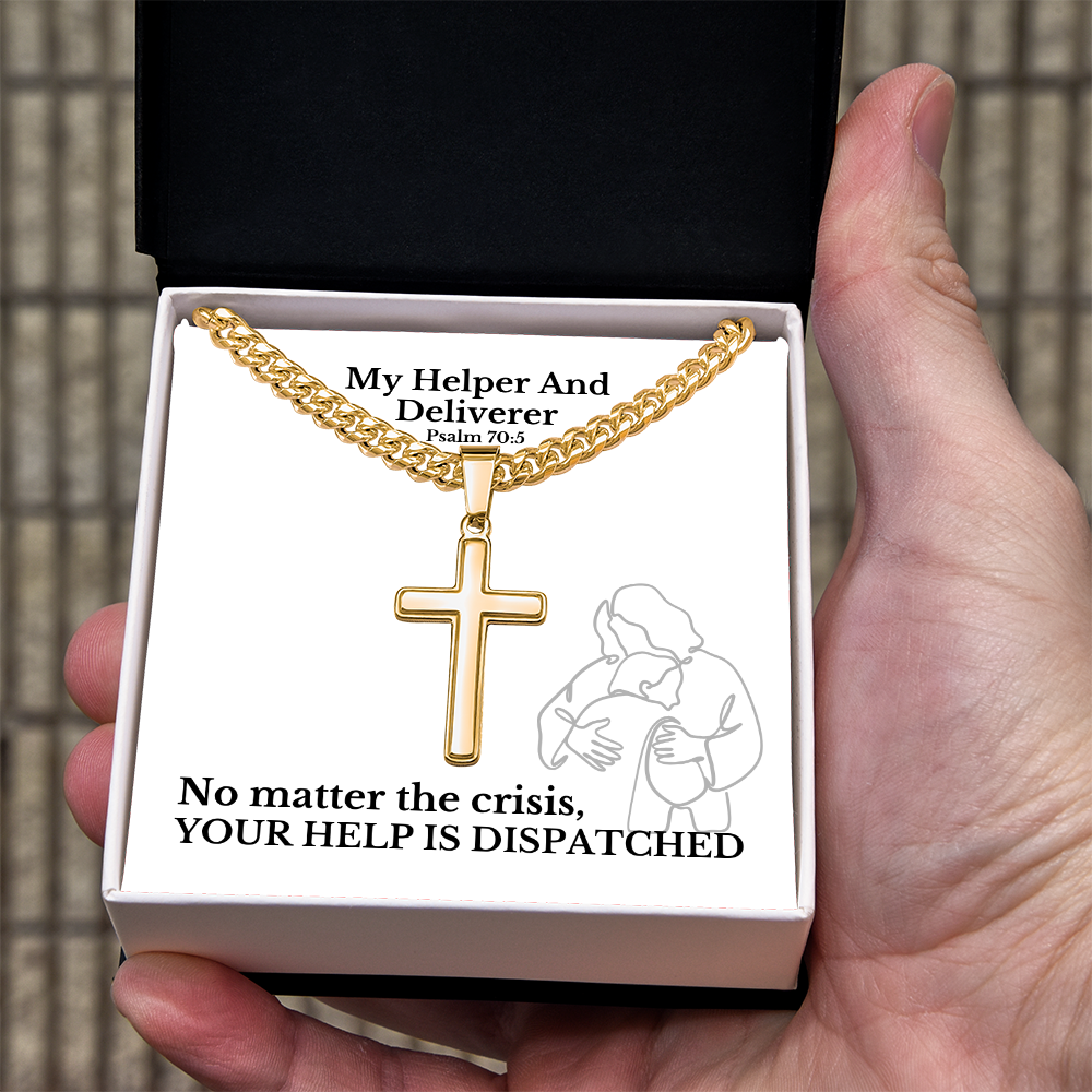 My Helper And Deliverer (Psalm 70:5) | Premium Sterling Silver Cuban Link Cross Necklace