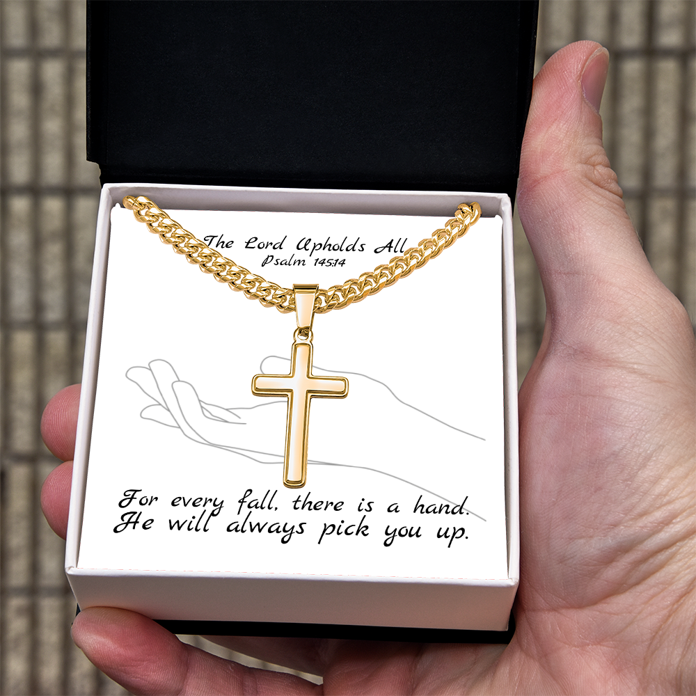 The Lord Upholds All (Psalm 145:14) | Premium Sterling Silver Cuban Link Cross Necklace