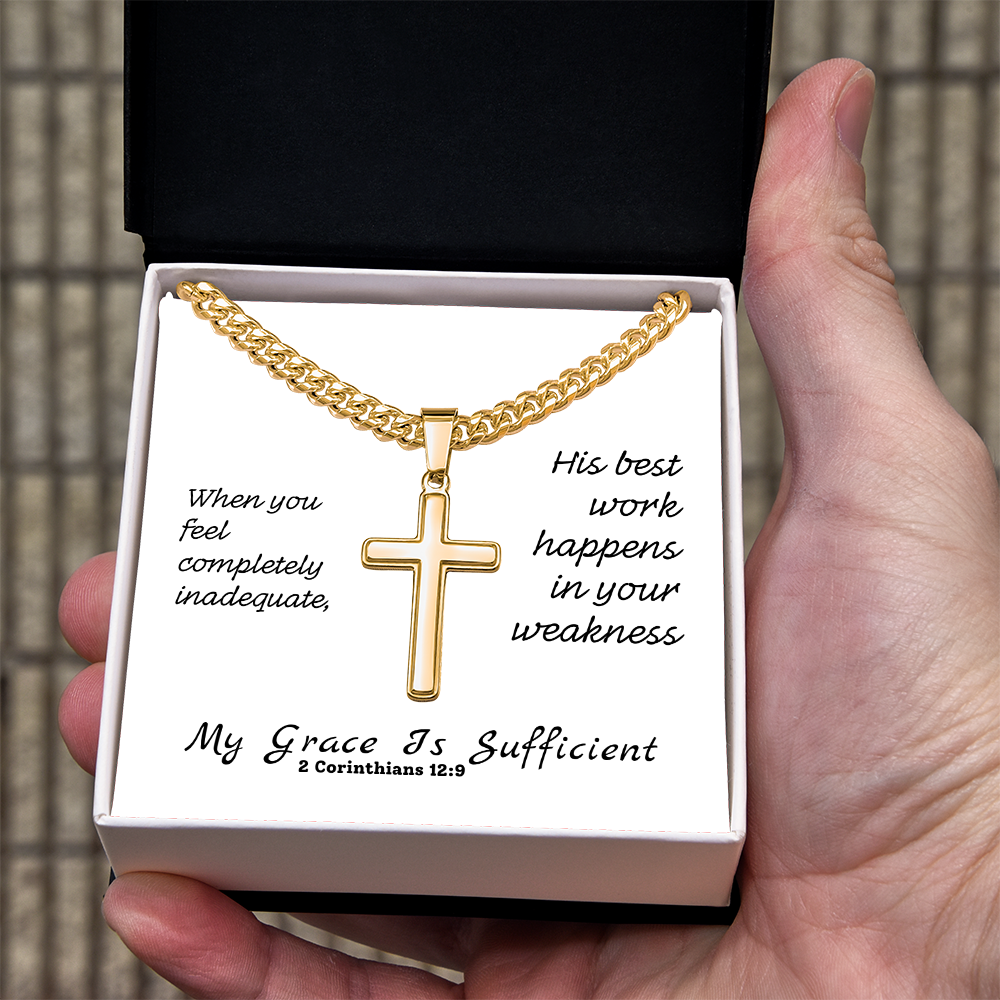My Grace Is Sufficient (2 Corinthians 12:9) | Premium Sterling Silver Cuban Link Cross Necklace