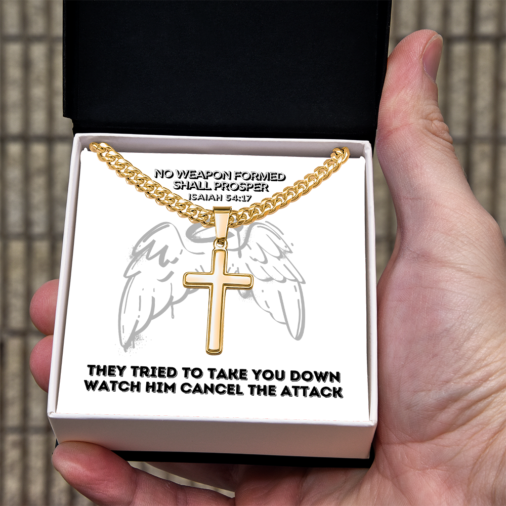 No Weapon Formed Shall Prosper (Isaiah 54:17) | Premium Sterling Silver Cuban Link Cross Necklace