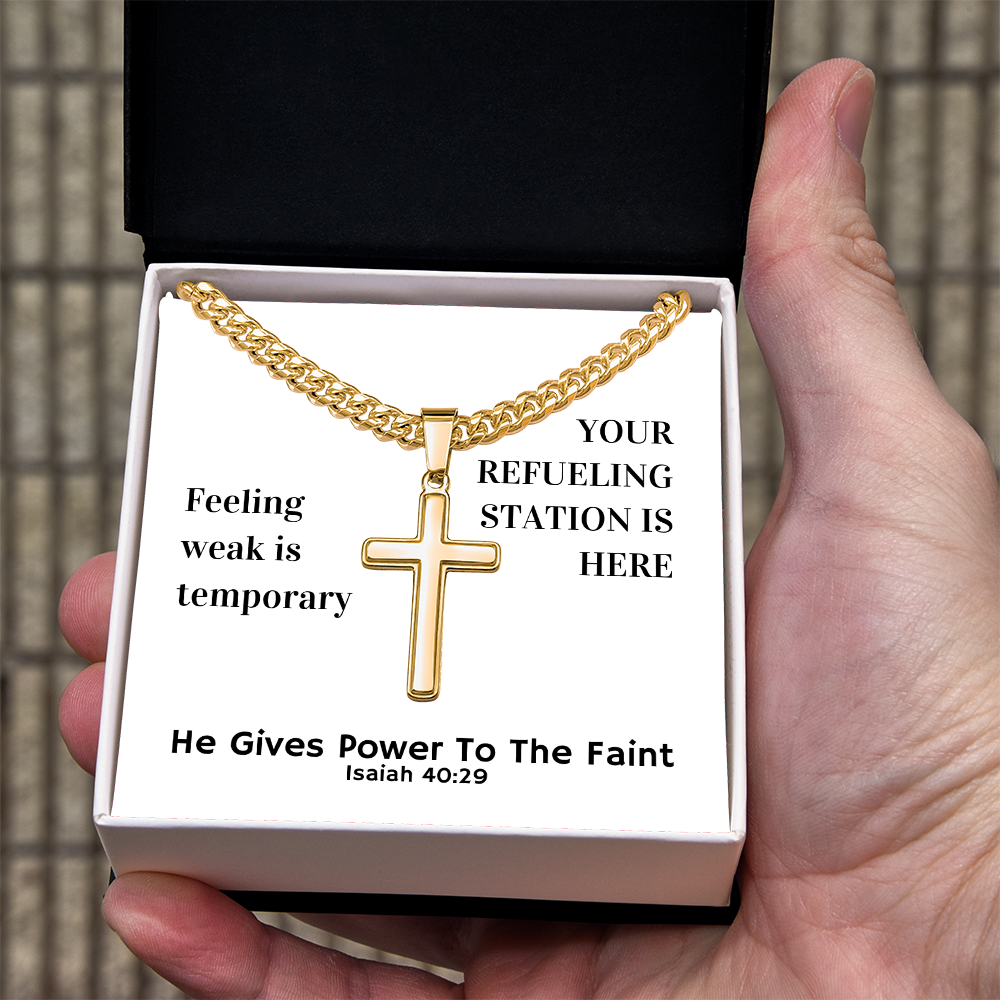 He Gives Power To The Faint (Isaiah 40:29) | Premium Sterling Silver Cuban Link Cross Necklace