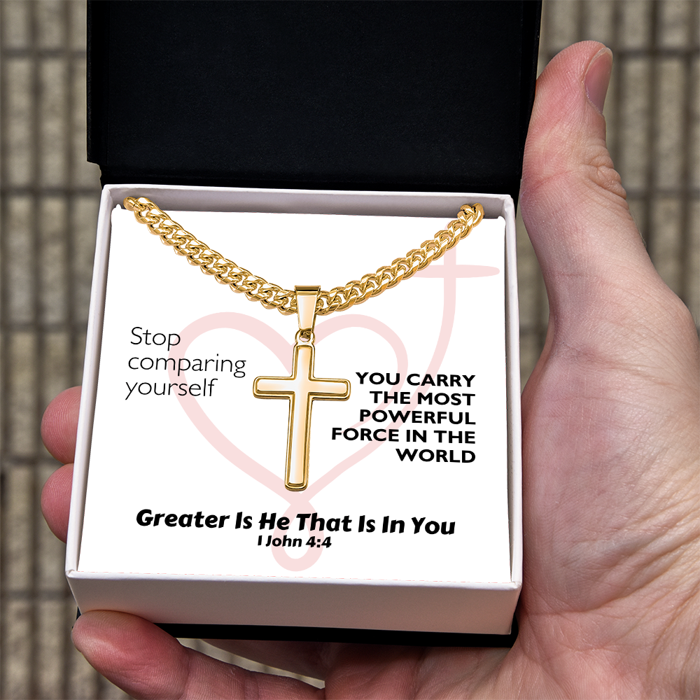 Greater Is He That Is In You (1 John 4:4) | Premium Sterling Silver Cuban Link Cross Necklace