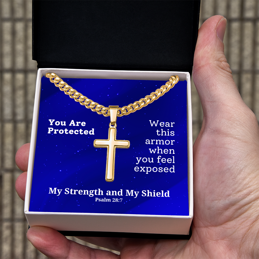 My Strength and My Shield (Psalm 28:7) | Premium Sterling Silver Cuban Link Cross Necklace