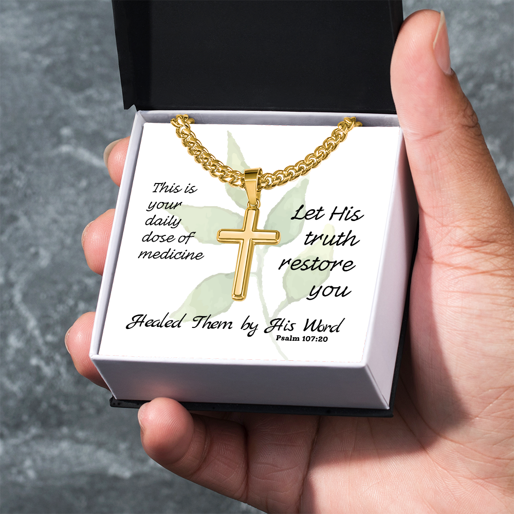Healed Them By His Words (Psalm 107:20) | Premium Sterling Silver Cuban Link Cross Necklace